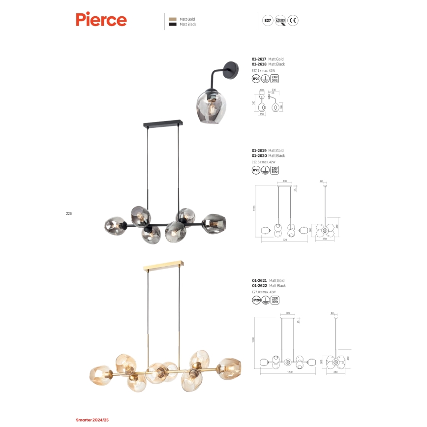 Redo 01-2617 - Applique murale PIERCE 1xE27/42W/230V doré/fumé
