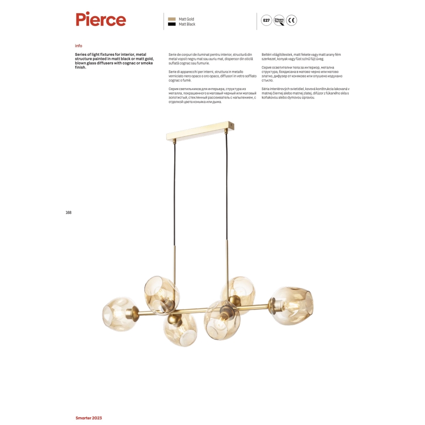 Redo 01-2621 - Suspension filaire PIERCE 8xE27/42W/230V doré/fumé