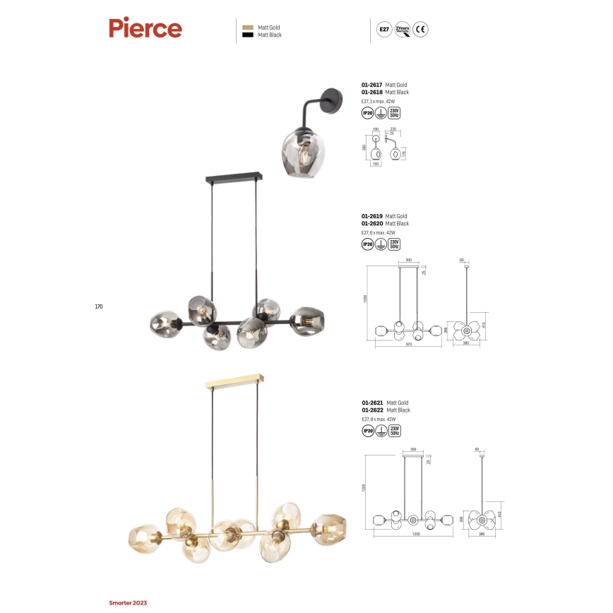 Redo 01-2621 - Suspension filaire PIERCE 8xE27/42W/230V doré/fumé
