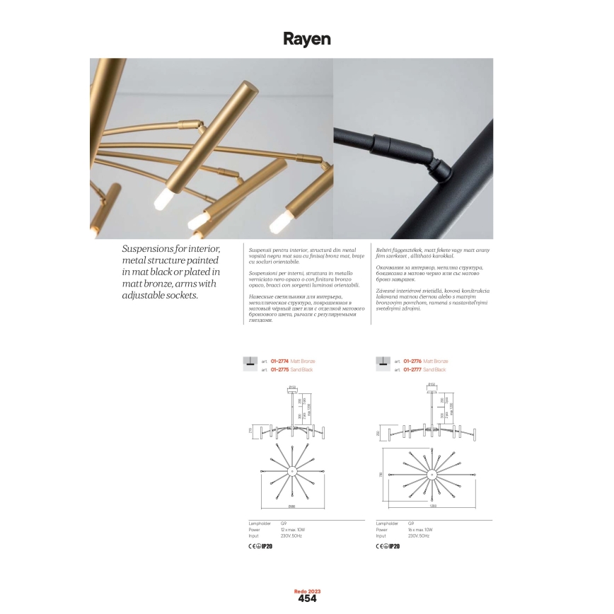 Redo 01-2776 - Suspension avec tige RAYEN 16xG9/10W/230V bronze