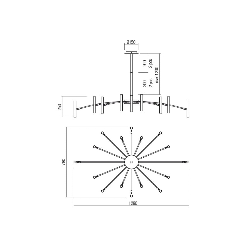 Redo 01-2776 - Suspension avec tige RAYEN 16xG9/10W/230V bronze
