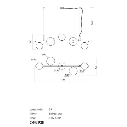 Redo 01-2779 - Suspension avec tige ROY 5xG9/10W/230V