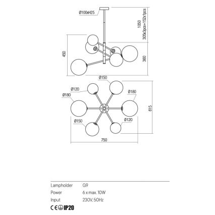 Redo 01-2780 - Suspension filaire ROY 6xG9/10W/230V