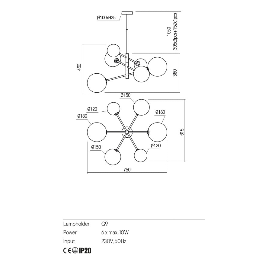 Redo 01-2780 - Suspension filaire ROY 6xG9/10W/230V