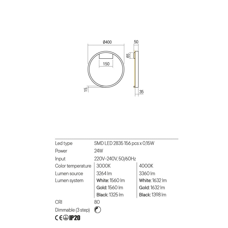 Redo 01-2817 - Applique murale à intensité variable FEBE LED/24W/230V doré