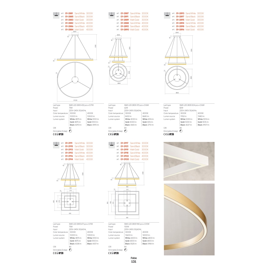 Redo 01-2865 - Lustre LED dimmable sur câble FEBE LED/37W/230V doré