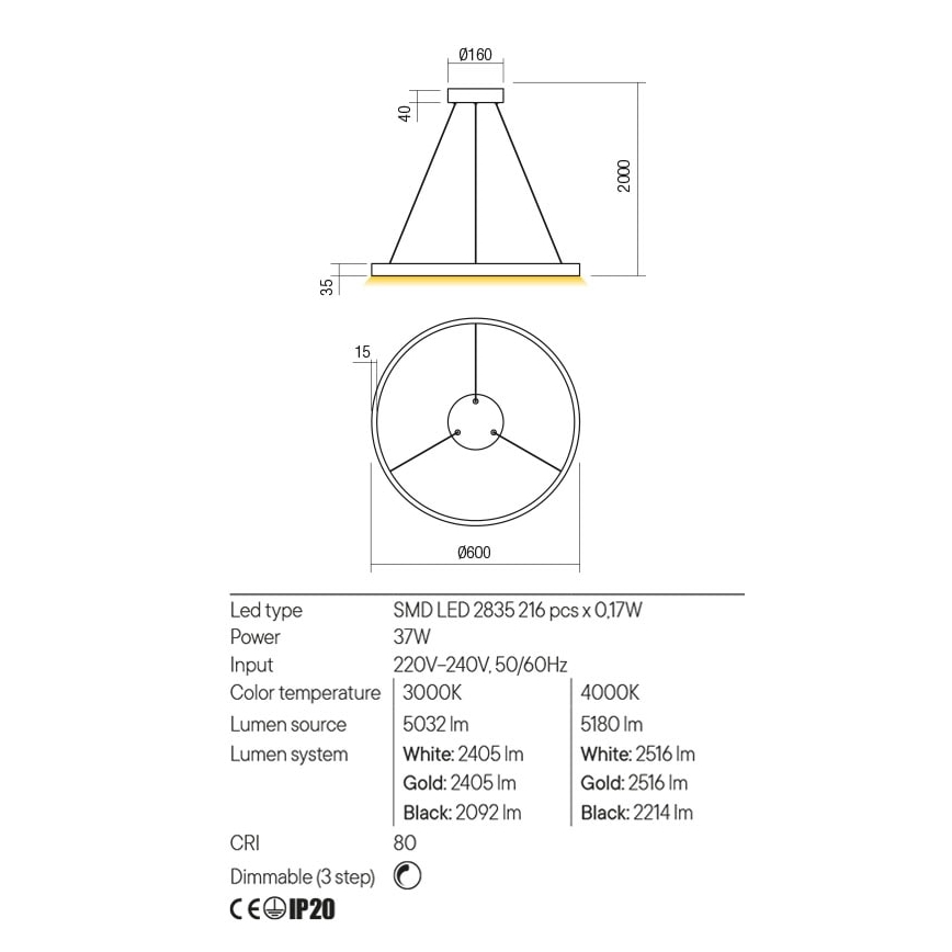 Redo 01-2865 - Lustre LED dimmable sur câble FEBE LED/37W/230V doré