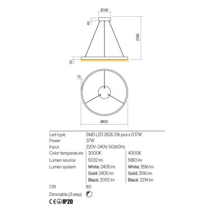 Redo 01-2865 - Suspension filaire à intensité variable FEBE LED/37W/230V doré