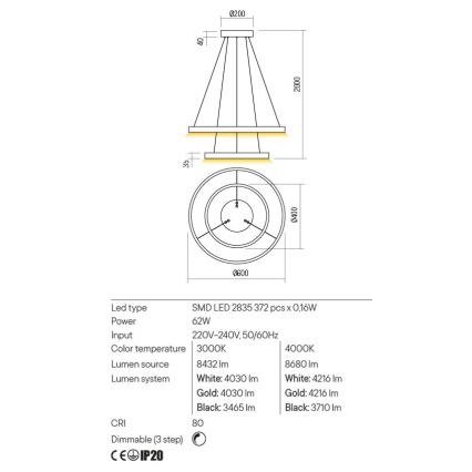 Redo 01-2889 - Lustre LED dimmable sur câble FEBE LED/62W/230V doré