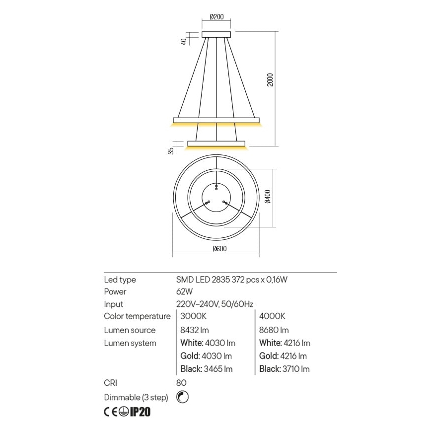 Redo 01-2889 - Lustre LED dimmable sur câble FEBE LED/62W/230V doré