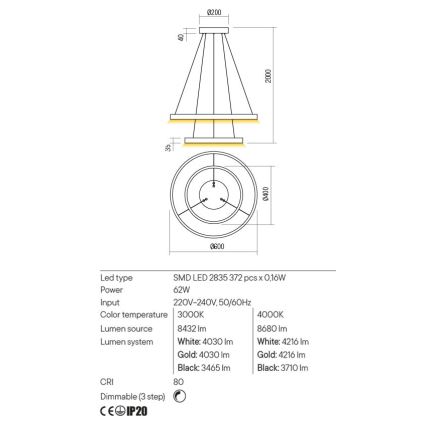 Redo 01-2889 - Suspension filaire à intensité variable FEBE LED/62W/230V doré