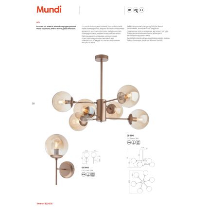 Redo 01-2943 - Suspension-barre MUNDI 6xE14/28W/230V cuivre
