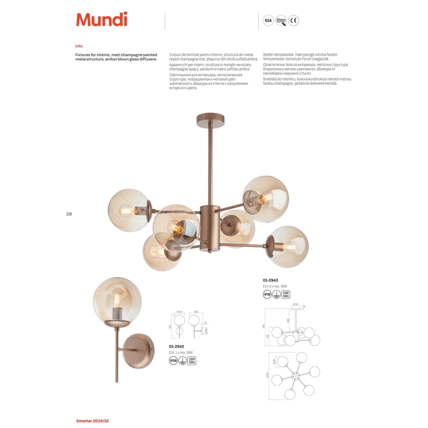 Redo 01-2943 - Suspension-barre MUNDI 6xE14/28W/230V cuivre