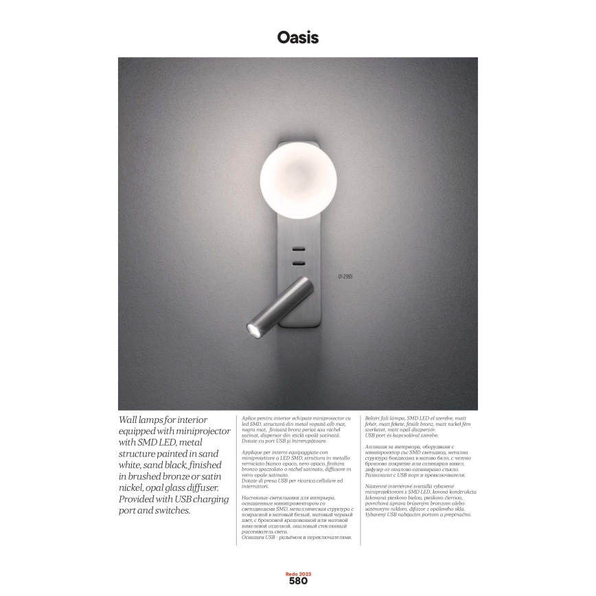 Redo 01-2993 - Applique murale OASIS LED/3W/230V + 1x G9/10W, USB, IRC 90, chrome brillant