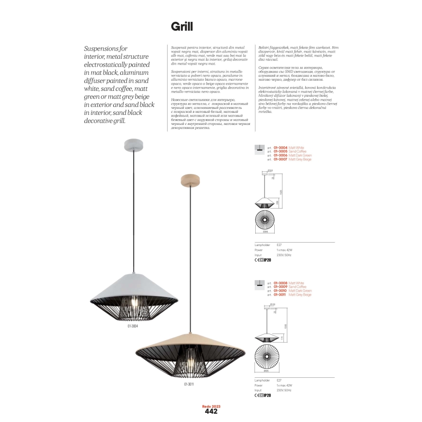 Redo 01-3007 - Suspension sur câble GRILL 1xE27/42W/230V Ø 39,6 cm noir/beige