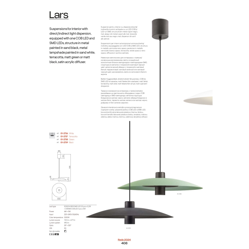 Redo 01-3019 - Suspension LED sur câble LARS LED/14W/230V + LED/10W Ø 60 cm CRI 90 vert