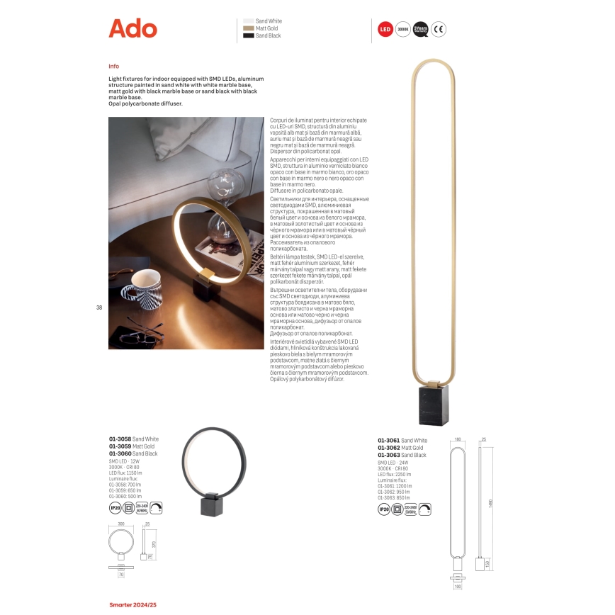 Redo 01-3062 - Lampadaire à intensité variable ADO LED/24W/230V doré