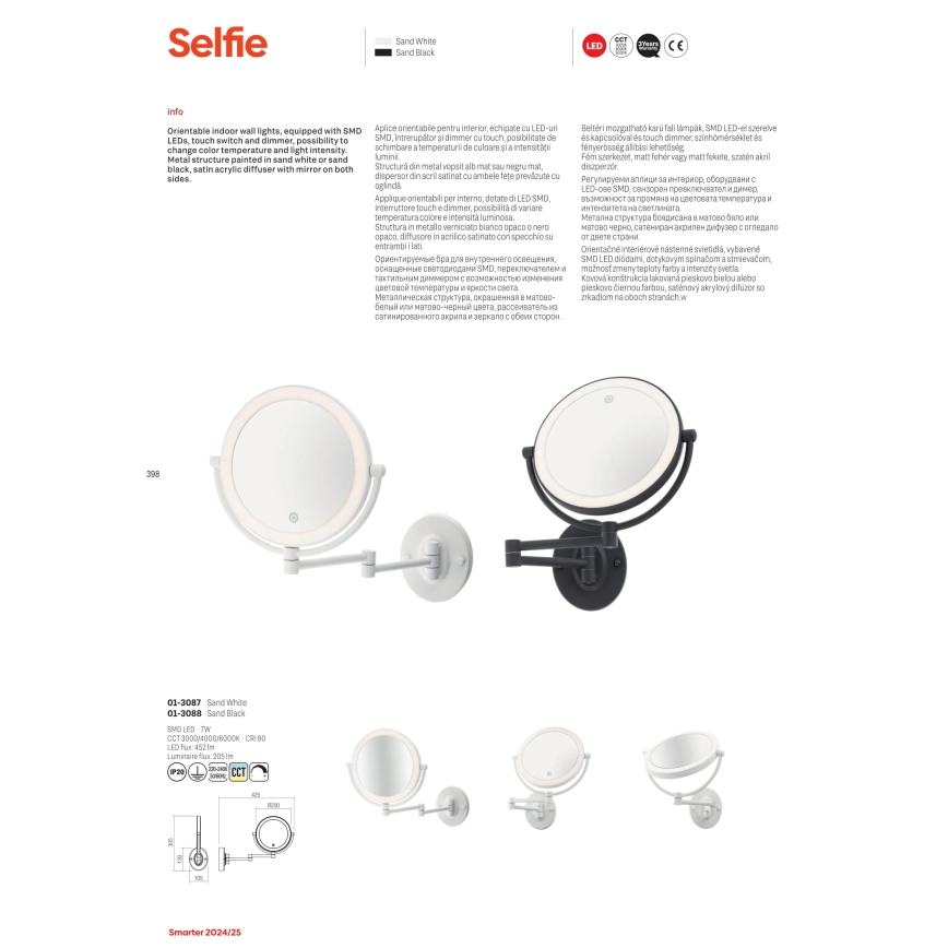 Redo 01-3087 - Miroir de maquillage tactile à intensité variable SELFIE LED/7W/230V 3000/4000/6000K blanc