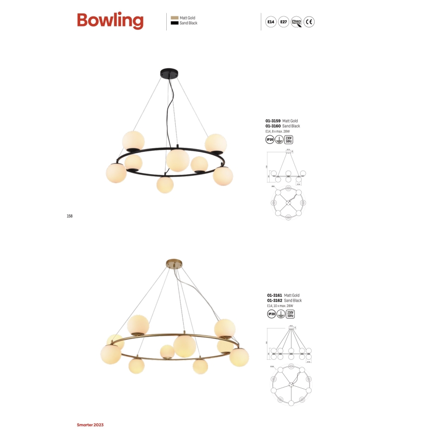 Redo 01-3157 - Suspension filaire BOWLING 6xE14/28W/230V doré