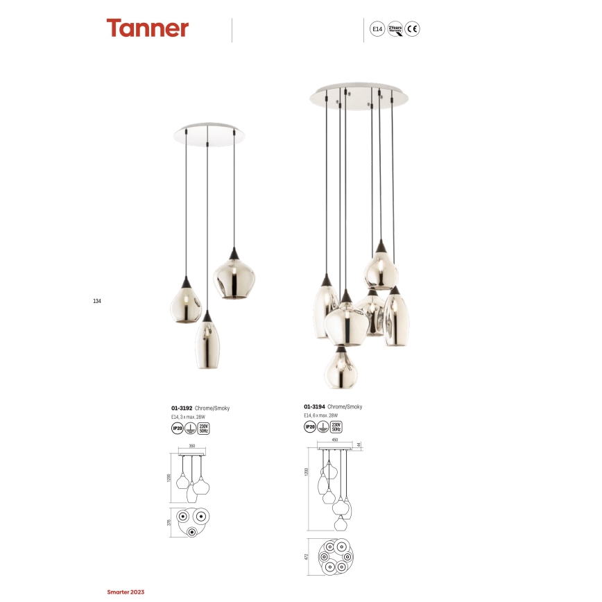 Redo 01-3192 - Suspension filaire TANNER 3xE14/28W/230V d. 37,6 cm