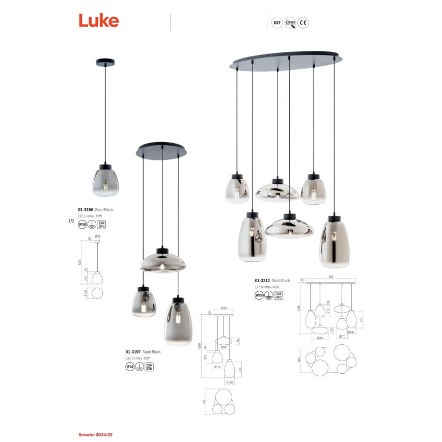 Redo 01-3196 - Suspension filaire LUKE 1xE27/42W/230V d. 17 cm noir