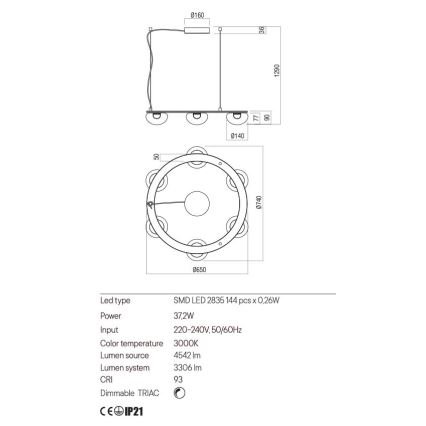 Redo 01-3248- Suspension filaire à intensité variable SINCLAIR LED/37,2W/230V CRI 93 IP21 noir