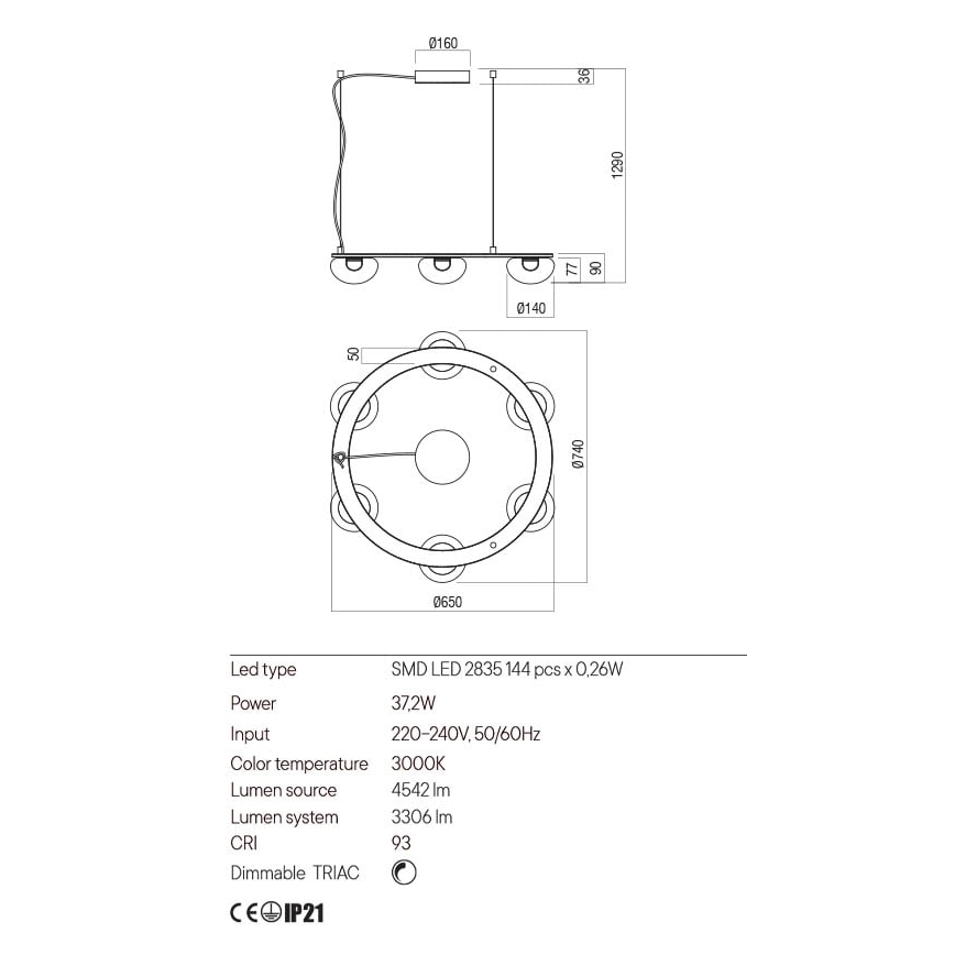 Redo 01-3248- Suspension filaire à intensité variable SINCLAIR LED/37,2W/230V CRI 93 IP21 noir