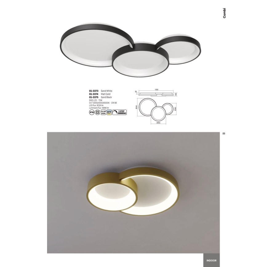 Redo 01-3375 - Plafonnier à intensité variable COMBI LED/72W/230V 3000/4000/6000K CRI98 noir