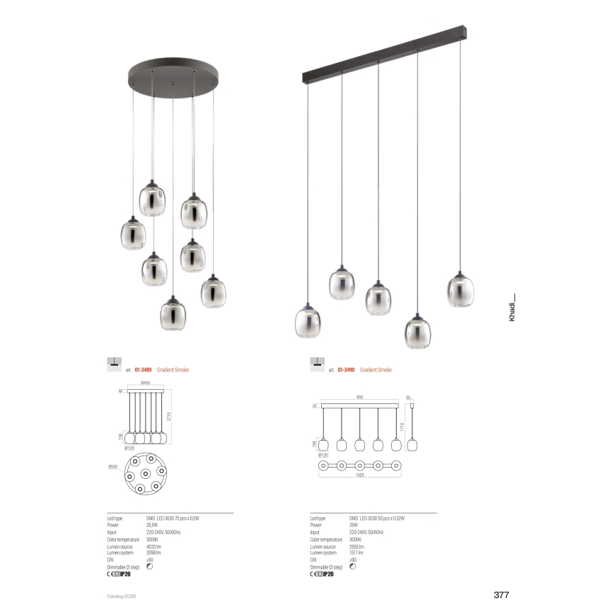 Redo 01-3489 - Suspension LED dimmable sur câble KHADI 7xLED/5W/230V CRI 90 Ø 52 cm noir/fumé