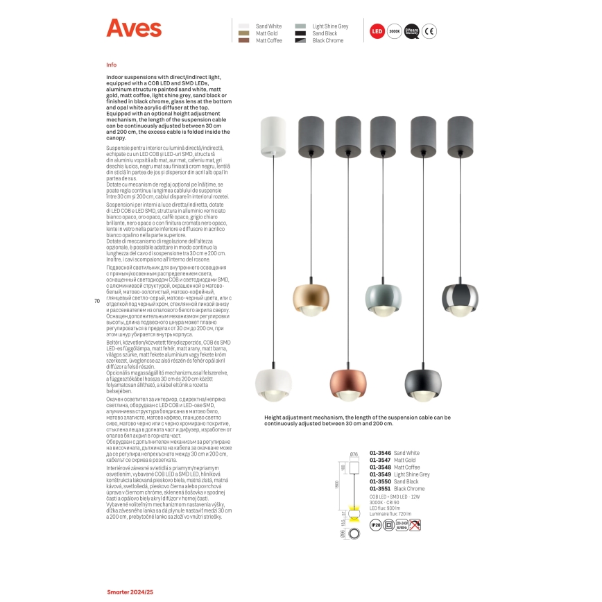 Redo 01-3547 - Suspension filaire AVES LED/12W/230V d. 9,6 cm CRI 90 doré