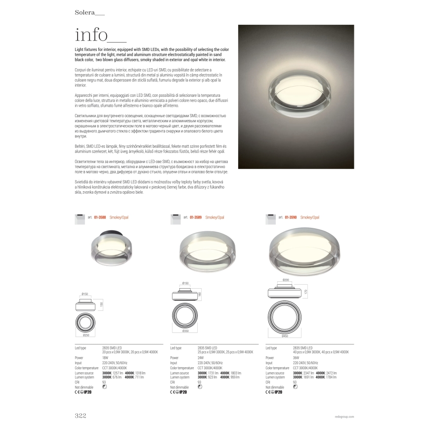Redo 01-3590 - Plafonnier SOLERA LED/36W/230V d. 45 cm CRI 93 3000/4000K gris