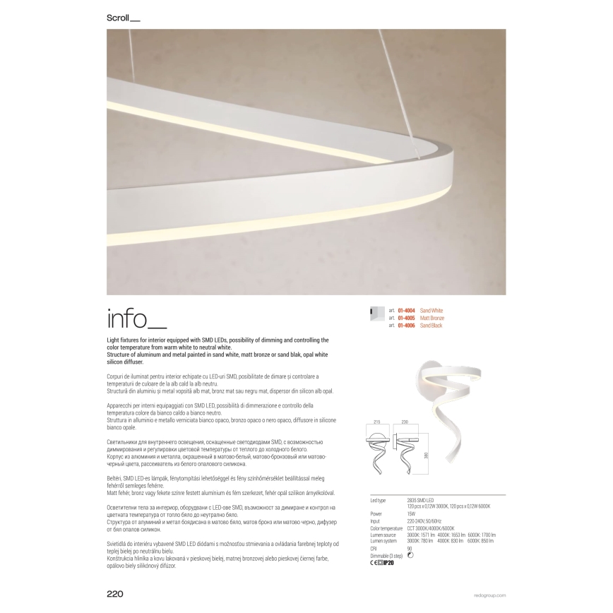 Redo 01-4012 - Plafonnier LED dimmable SCROLL, 38 W, 230 V, 3000K/4000K/6000K, IRC 90, Ø 60 cm, noir