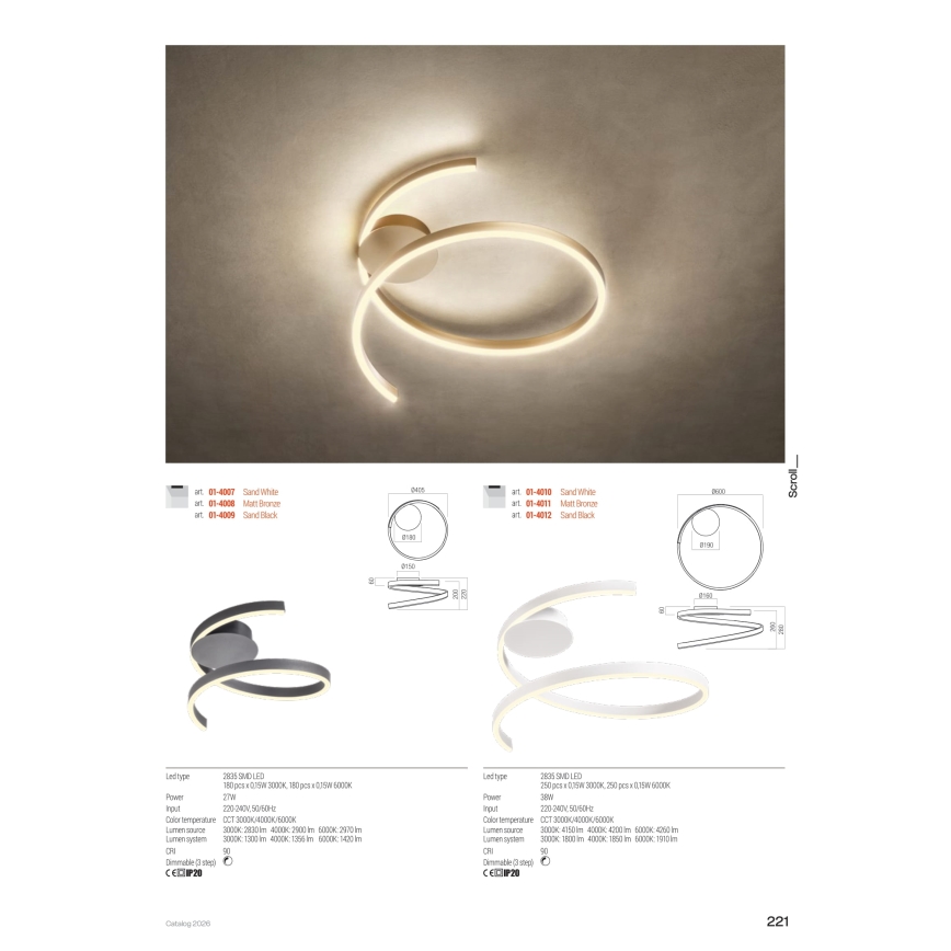 Redo 01-4012 - Plafonnier LED dimmable SCROLL, 38 W, 230 V, 3000K/4000K/6000K, IRC 90, Ø 60 cm, noir