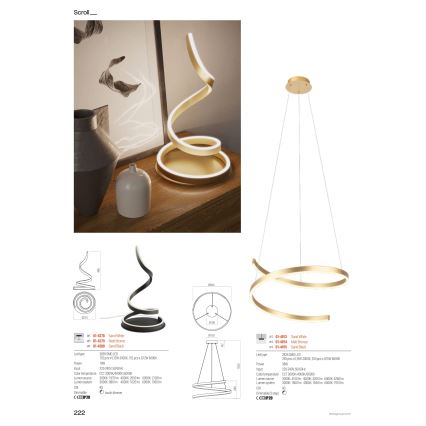 Redo 01-4014 - Lustre LED dimmable sur câble SCROLL, 38 W, 230 V, 3000 K/4000 K/6000 K, IRC 90, Ø 60 cm, doré