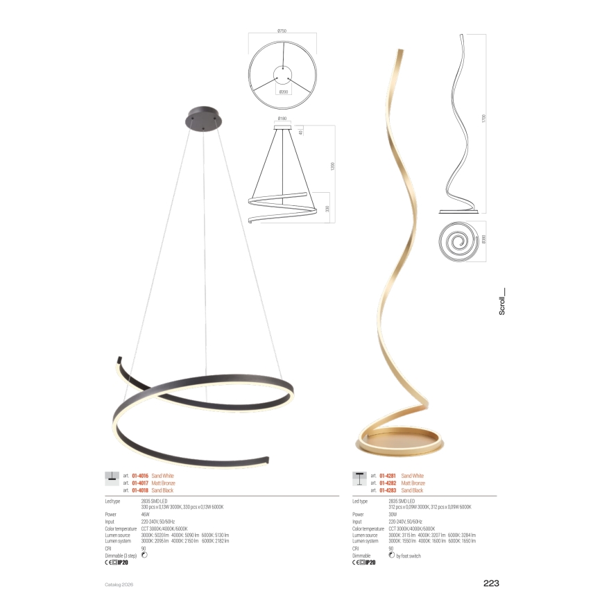 Redo 01-4283 - Lampadaire LED dimmable SCROLL LED/30W/230V 3000K/4000K/6000K IRC 90 noir