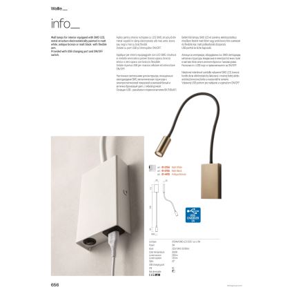 Redo 01-4475 - Lampe LED flexible WALLIE, 3 W, 230 V, USB, IRC 90, bronze