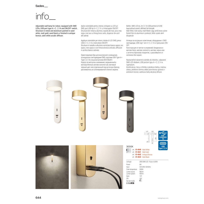 Redo 01-4642 - Applique murale LED SADES LED/6W/230V IRC 90 USB bronze