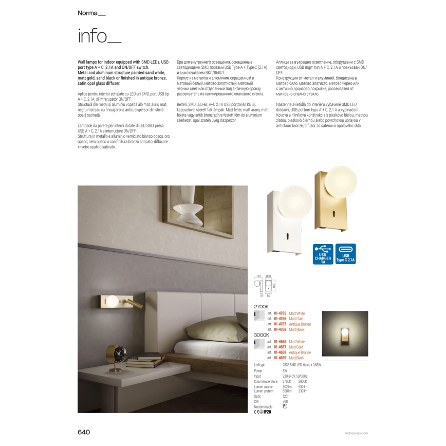 Redo 01-4657 - Applique murale LED NORMA LED/5W/230V IRC 90 USB blanc/doré