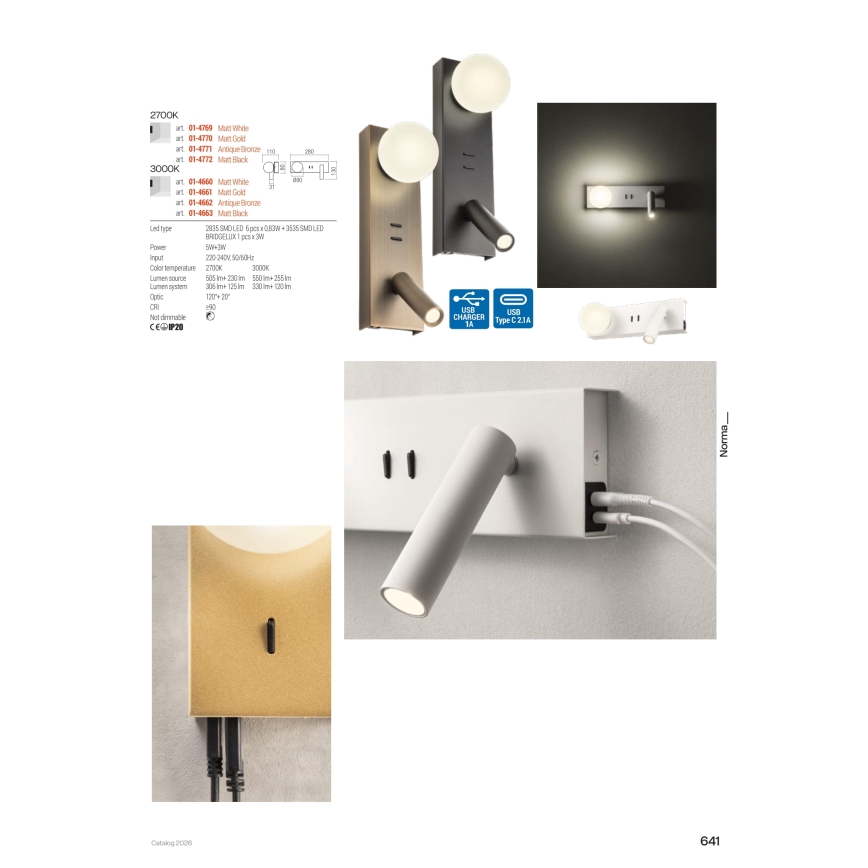 Redo 01-4660 - Applique murale LED NORMA LED/5W/230V + LED/3W IRC 90 USB blanche