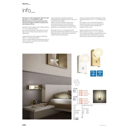 Redo 01-4663 - Applique murale NORMA LED/5W/230V + LED/3W CRI 90 USB blanc/noir