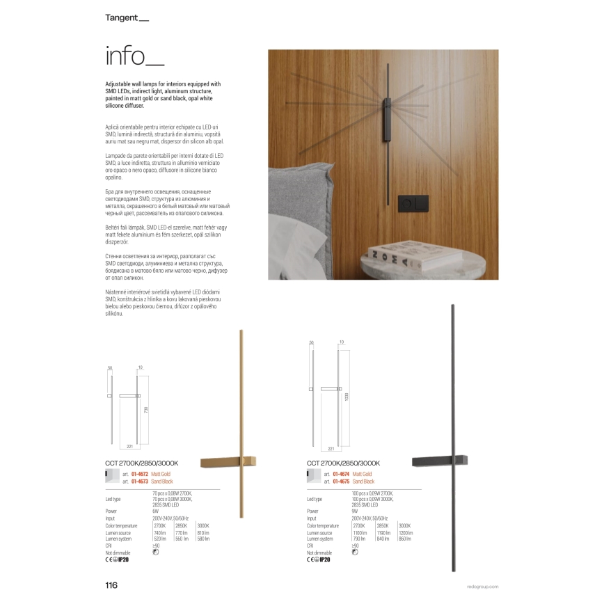 Redo 01-4673 - Applique murale LED TANGENT LED/6W/230V 2700/2850/3000K 73 cm IRC 90 noire