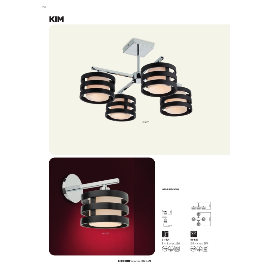 Redo 01-627 - Suspension sur tige KIM 4xE14/28W/230V chrome brillant/noir