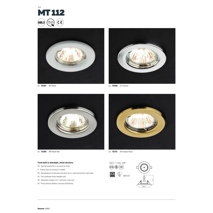 Redo 70307 - Spot encastrable MT 1xGU5,3/50W/12V blanc
