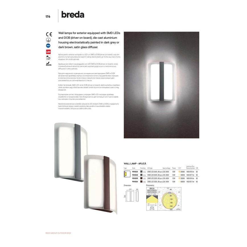 Redo 90025 - Applique murale LED d'extérieur BREDA LED/12W/230V IP54