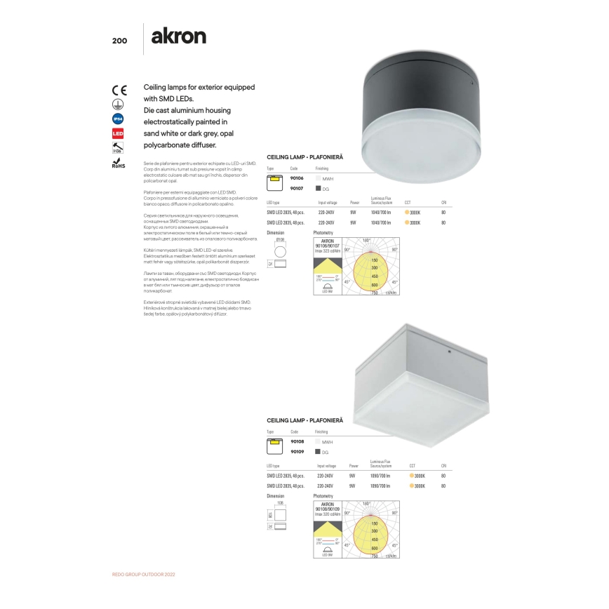 Redo 90107 - Plafonnier d'extérieur AKRON LED/9W/230V Ø 10,8 cm IP54