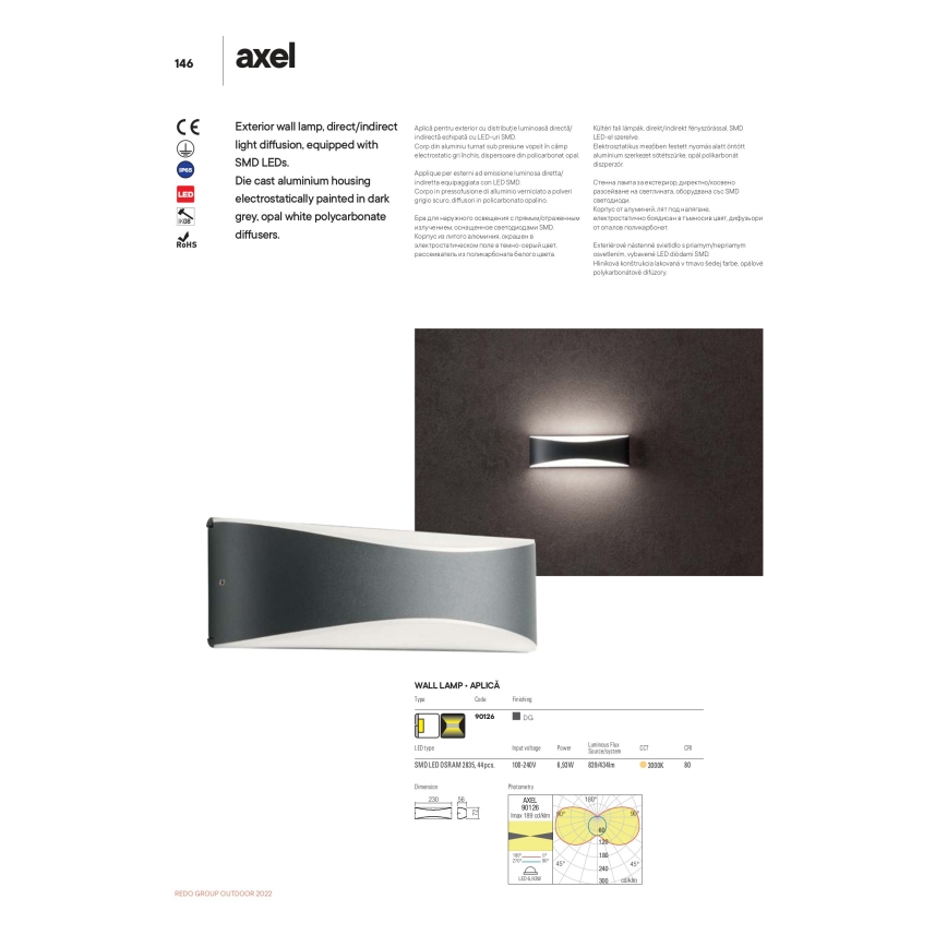 Redo 90126 - Applique murale d'extérieur LED AXEL, 7 W, 230 V, 3000 K, IP65, anthracite
