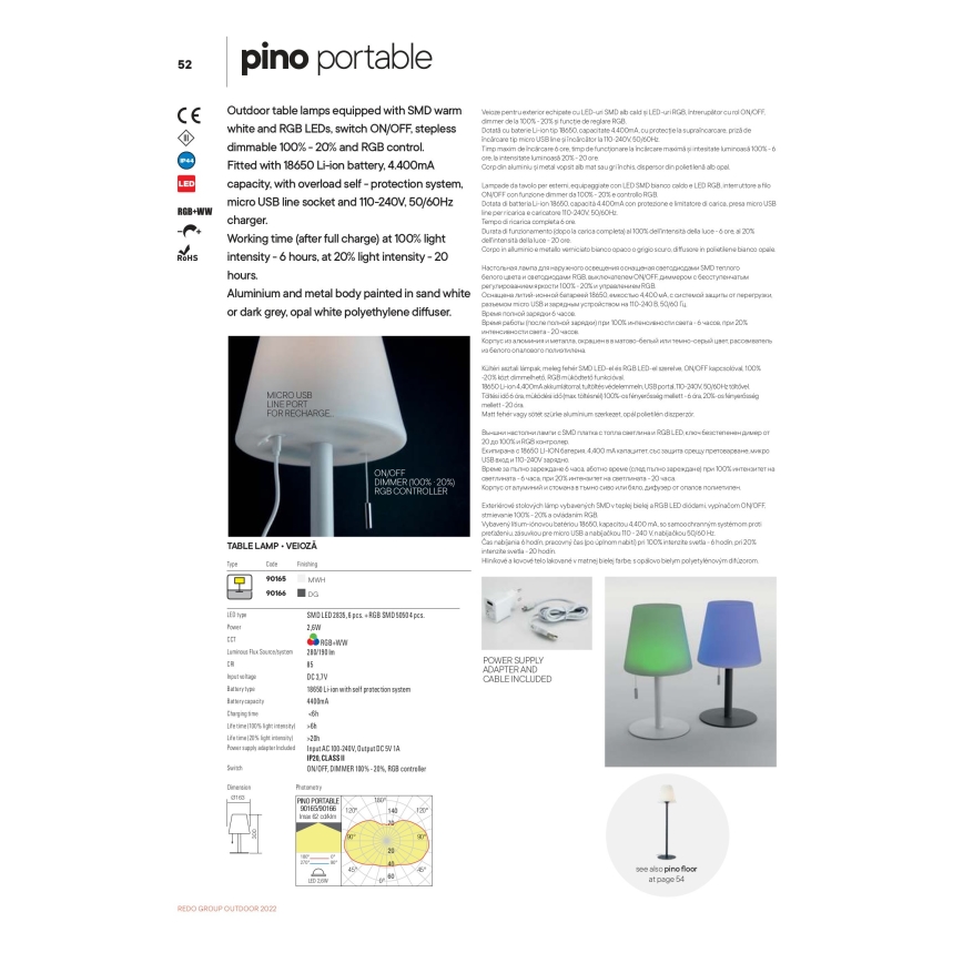 Redo 90165 - Lampe de table d'extérieur LED RGB à intensité variable PINO LED/2,6W/230V 4400 mAh IP44