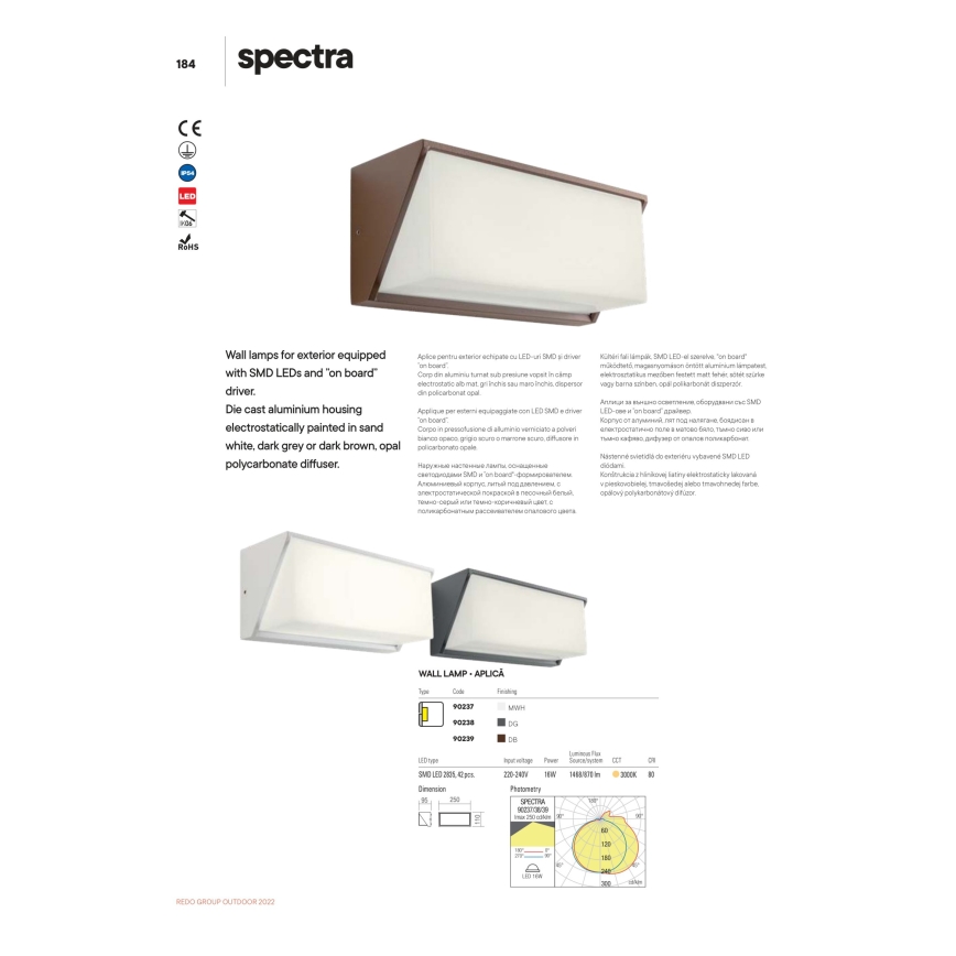 Redo 90238 - Applique murale extérieure SPECTRA LED/16W/230V 3000K IP54 gris