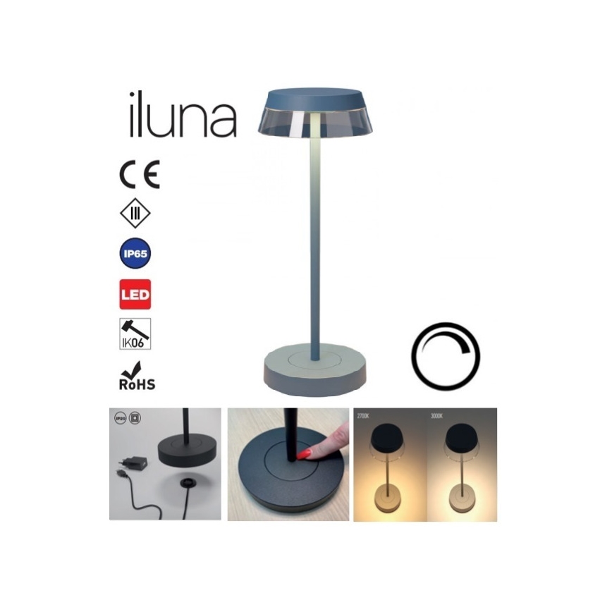 Redo 90310 - Lampe de table tactile à intensité variable ILUNA LED/2,5W/5V 2700-3000K 3000 mAh IP65 bleu