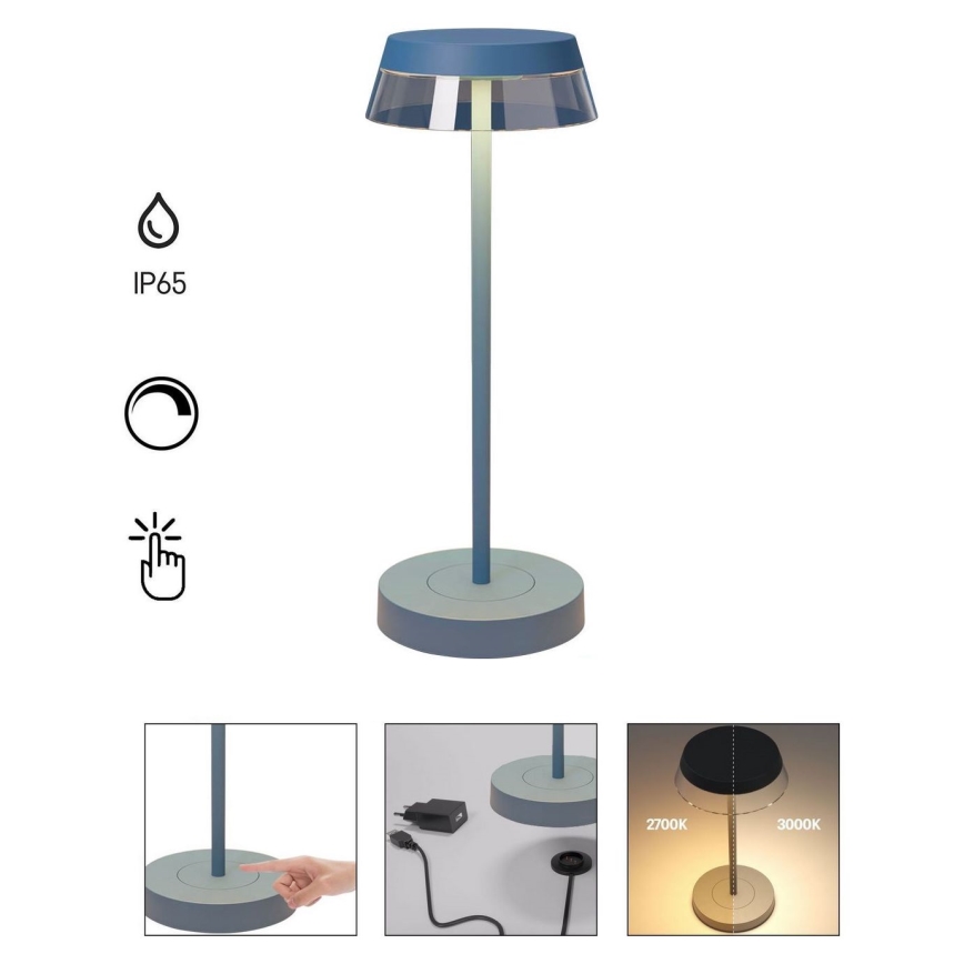 Redo 90310 - Lampe de table tactile à intensité variable ILUNA LED/2,5W/5V 2700-3000K 3000 mAh IP65 bleu